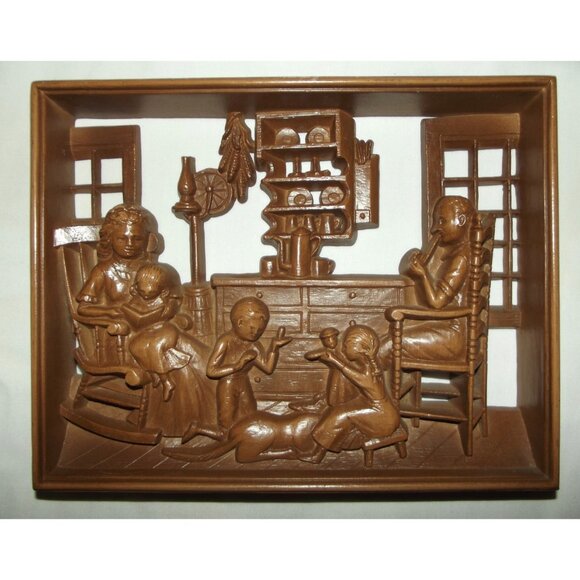 3 Burwood Vtg Wall Art Hanging Plaque 3D MCM Reading Time Hearth Spinning Wheel - Picture 5 of 16